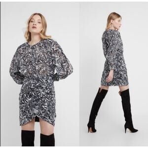 New IRO Fenian Printed Long-Sleeve Mini Ruched Dress Balloon Sleeve Size 36 4 N1